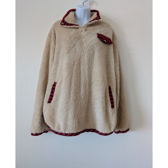 Cozy Sherpa Fleece Pullover Plaid Trim Quarter-Button Collar w/ Pockets - Picture 9 of 10